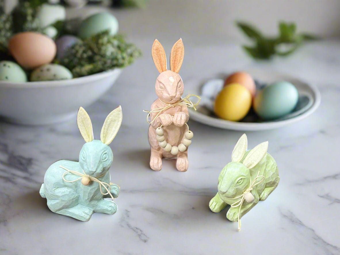 Colony Of Carved Bunnies Set Of 3 | Pastel Spring Easter Decor | Charming Accent Pieces for Festive Home Decor - Nifty Decor & More