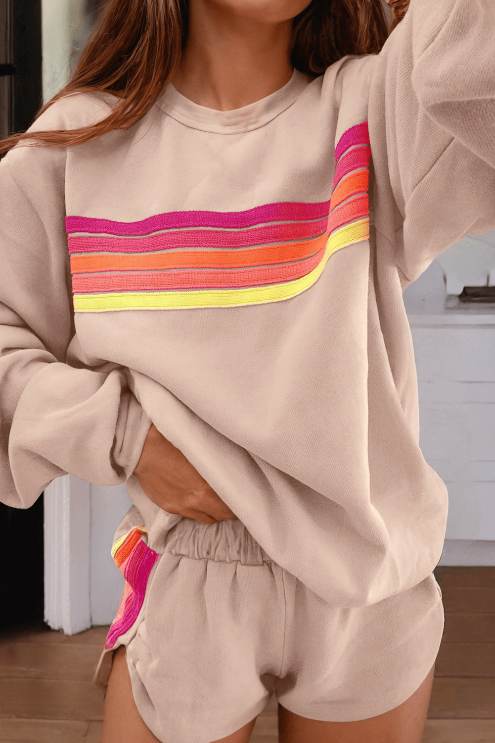 Color Contrast Trim Long Sleeve Top & Shorts Set, Cozy Chic Loungewear for Stylish Relaxation, Perfect Gift for Trendy Homebodies Women's Clothing S Apricot