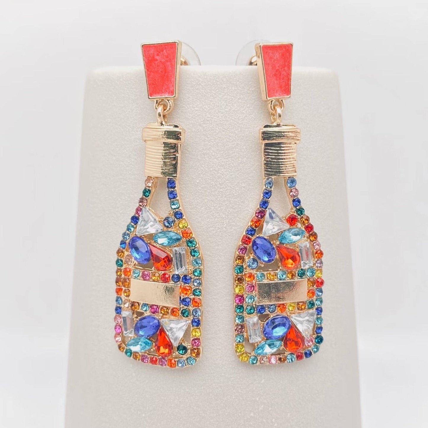 Colored Rhinestone Wine Bottle Shape Earrings - Nifty Decor & More