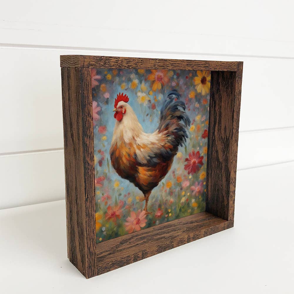 Colorful Floral Chicken Farmhouse Canvas Wall Art, Rustic Decor, Farmhouse Style, Colorful Wall Decor, Kitchen Wall Art, Nature Lover Gift Summer Shelf Sitter