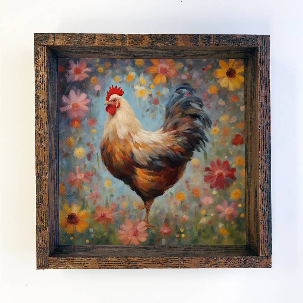 Colorful Floral Chicken Farmhouse Canvas Wall Art, Rustic Decor, Farmhouse Style, Colorful Wall Decor, Kitchen Wall Art, Nature Lover Gift Summer Shelf Sitter