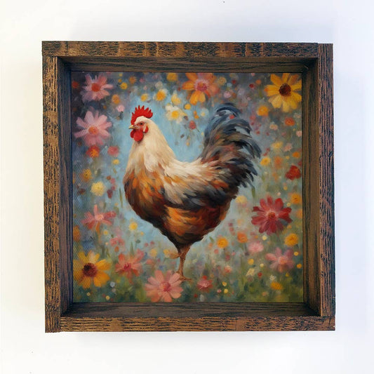 Colorful Floral Chicken Farmhouse Canvas Wall Art, Rustic Decor, Farmhouse Style, Colorful Wall Decor, Kitchen Wall Art, Nature Lover Gift Summer Shelf Sitter