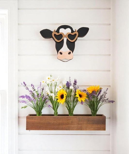 Cow with Heart Glasses, Southern Bell Style Farmhouse Accent, Rustic Chic Wall Art Gift