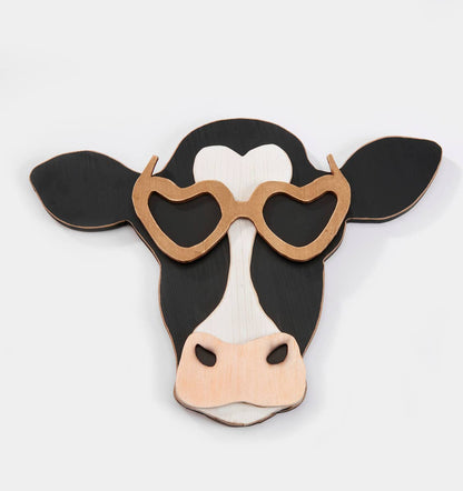 Cow with Heart Glasses, Southern Bell Style Farmhouse Accent, Rustic Chic Wall Art Gift - Nifty Decor & More