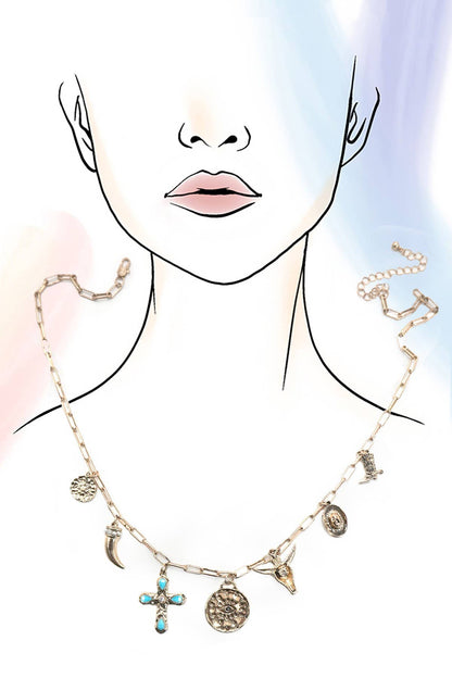 Cowboy Hat & Cross Charm Necklace, Western Inspired Statement Jewelry for Her Gift charm necklace