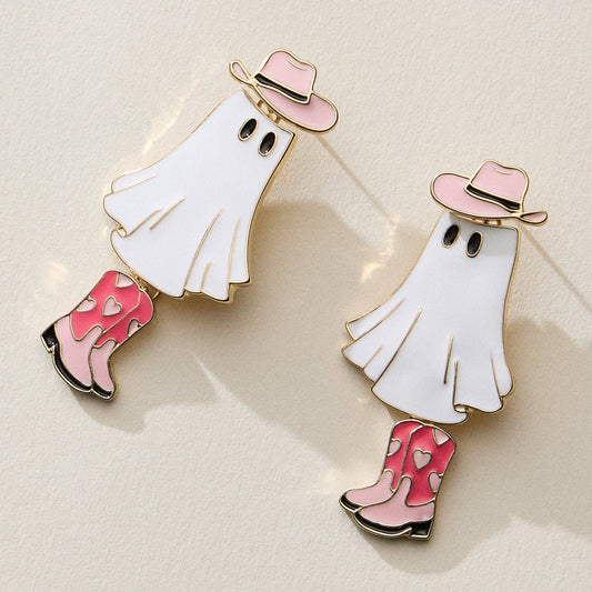 Cowgirl Ghost Enamel Earrings with Pink Boots - Nifty Decor & More