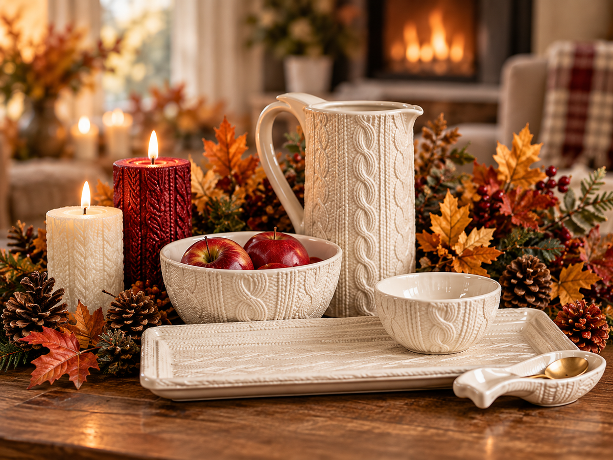 Cream sweater-textured pitcher, bowl, platter and spoon rest styled with autumn candles and greenery