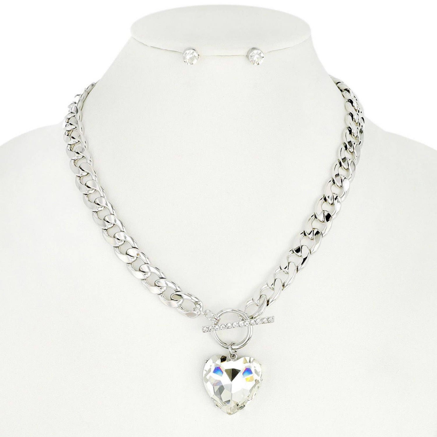 Crystal Heart Pendant Chain Necklace & Earring Set - Nifty Decor & More