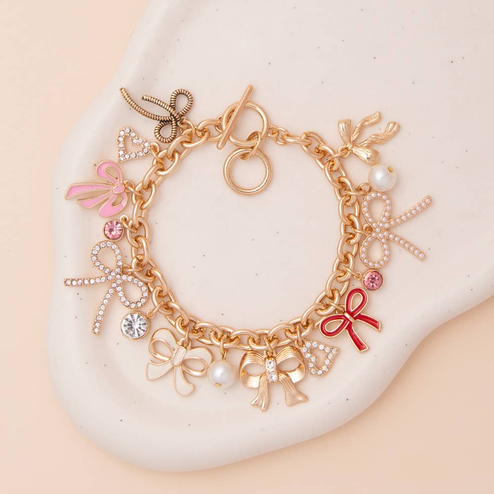 Crystal Rhinestone & Pearl Embellished Bow Charm Bracelet - Nifty Decor & More