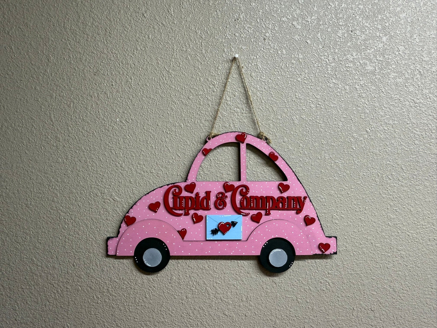 Cupid & Company Wall Hanger – Pink Slug Bug Decor | Cute Valentine Wall Sign | Hearts, Polka Dots, Love Theme Valentine Wall Decor