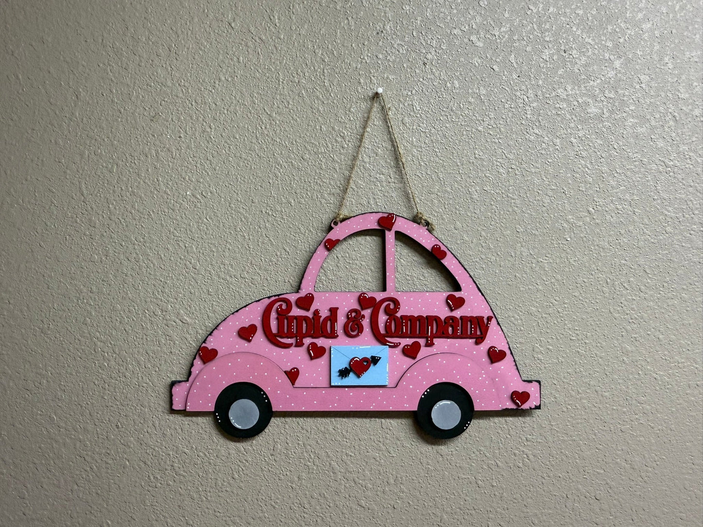 Cupid & Company Wall Hanger – Pink Slug Bug Decor | Cute Valentine Wall Sign | Hearts, Polka Dots, Love Theme Valentine Wall Decor