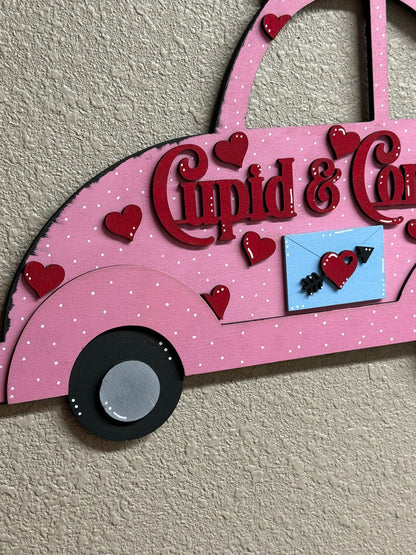 Cupid & Company Wall Hanger – Pink Slug Bug Decor | Cute Valentine Wall Sign | Hearts, Polka Dots, Love Theme Valentine Wall Decor
