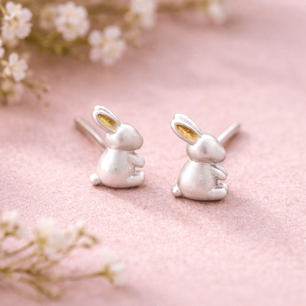 Silver rabbit-shaped earrings on a pink background with floral elements.