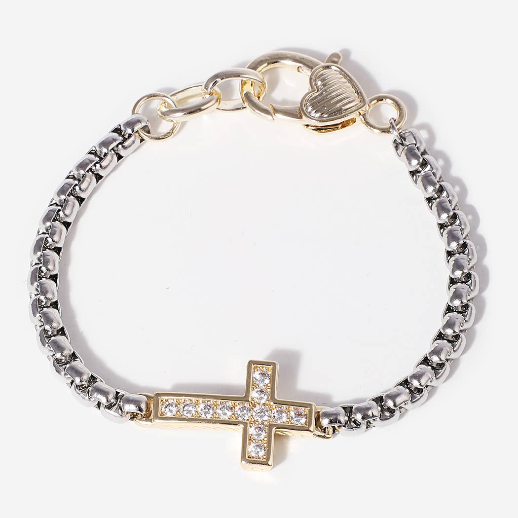 CZ Cross Box Chain Heart Lobster Closure Bracelet ONE SIZE 9447