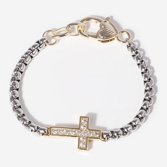 CZ Cross Box Chain Heart Lobster Closure Bracelet ONE SIZE 9447