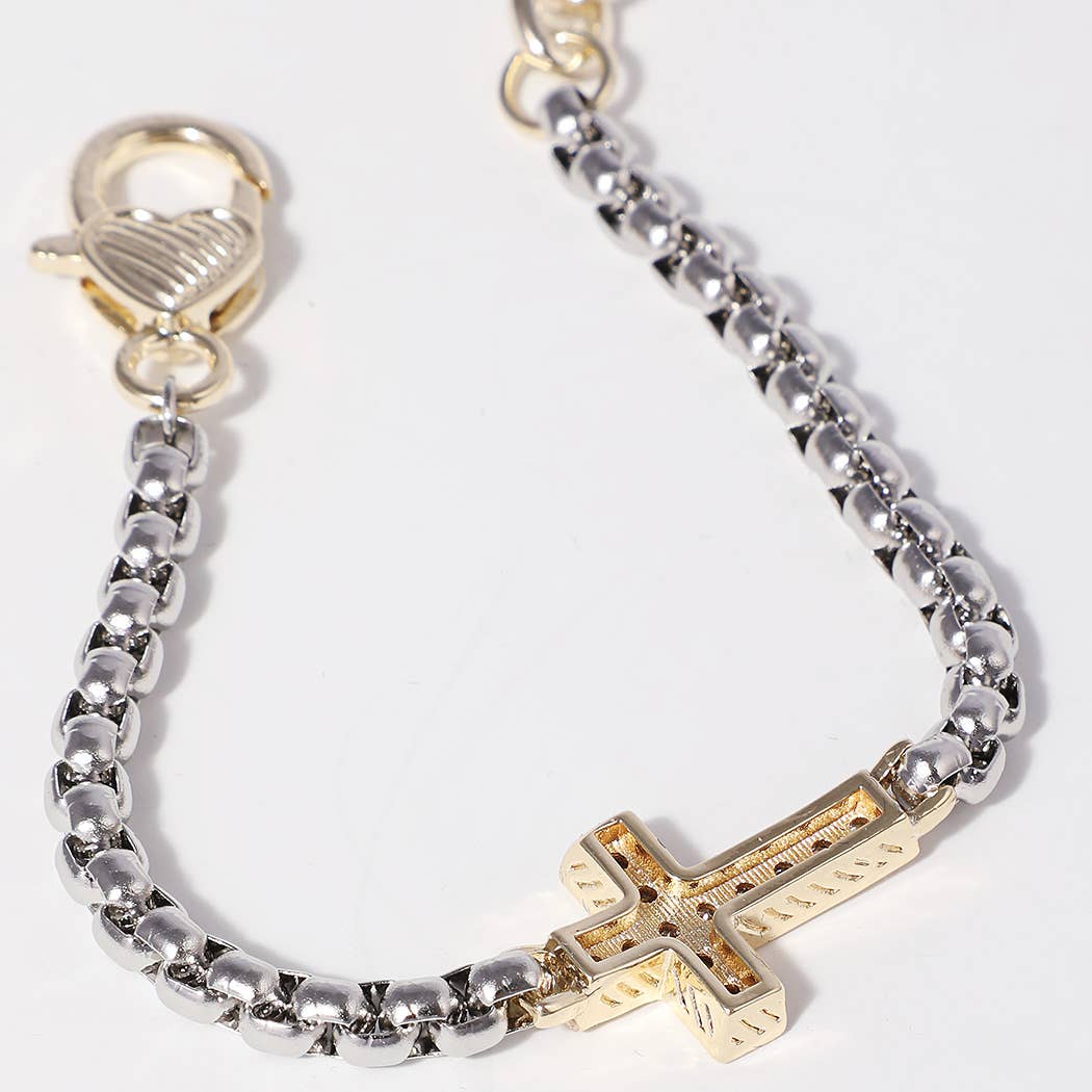 CZ Cross Box Chain Heart Lobster Closure Bracelet