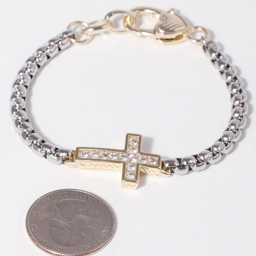 CZ Cross Box Chain Heart Lobster Closure Bracelet
