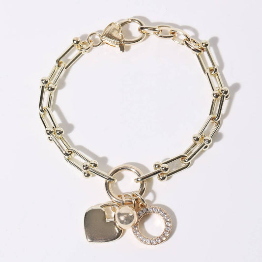 CZ Gold Charm Bracelet with Heart Crystal Accents BG One Size
