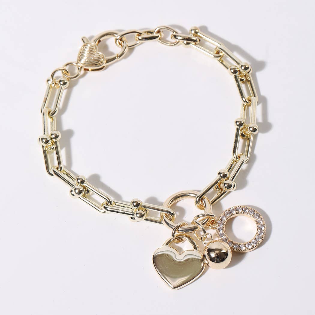 CZ Gold Charm Bracelet with Heart Crystal Accents