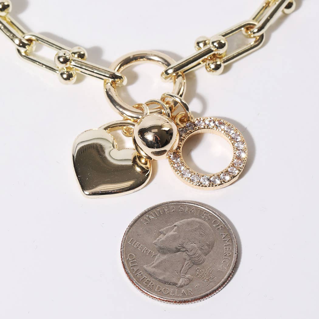 CZ Gold Charm Bracelet with Heart Crystal Accents