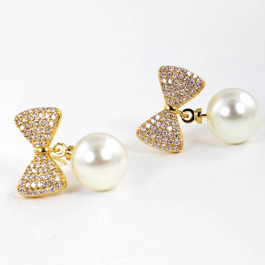 CZ Gold-Dipped Ribbon Earring with Pearl GCM ONE SIZE