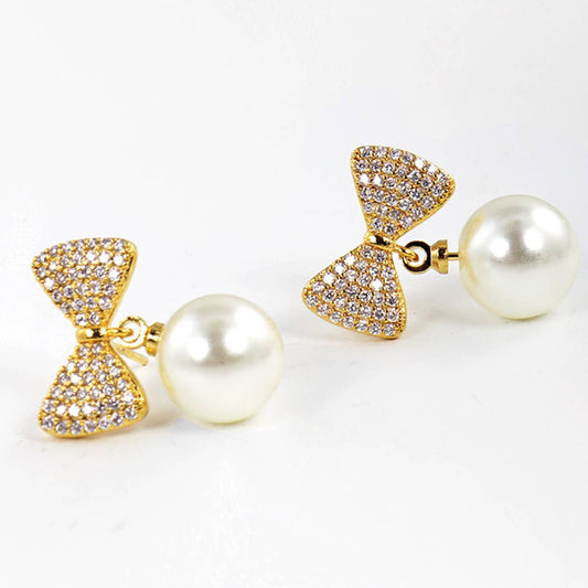 CZ Gold-Dipped Ribbon Earring with Pearl GCM ONE SIZE