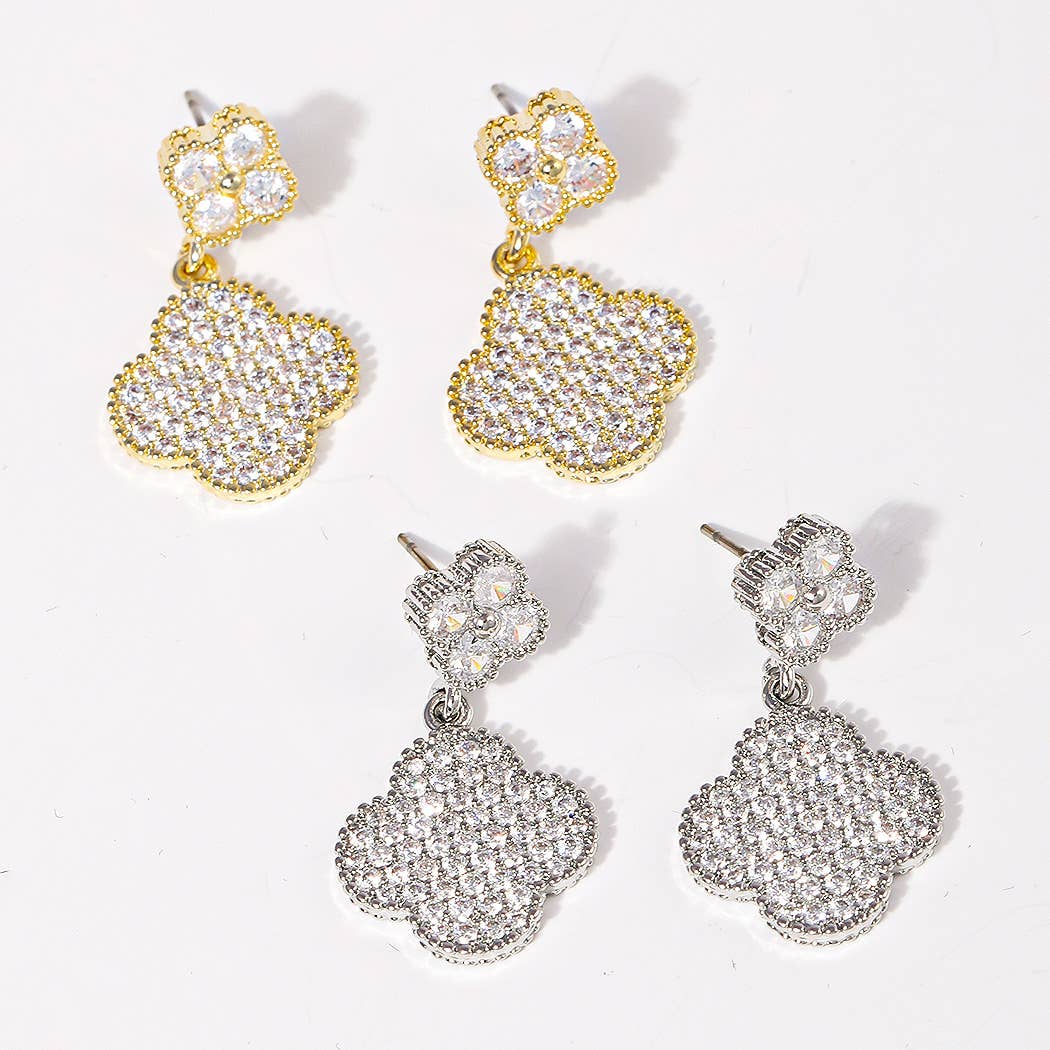 CZ Pave Clovers 14k Gold Plated Post Earrings