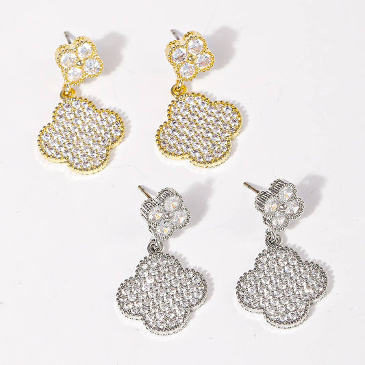 CZ Pave Clovers 14k Gold Plated Post Earrings