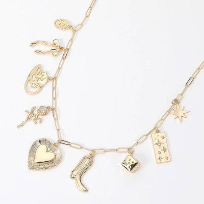 Western Charm Necklace with Bow, Cowboy Hat, Multi Charm, Girly Jewelry, Gift Idea for Her, Western Style Charms with Necklace