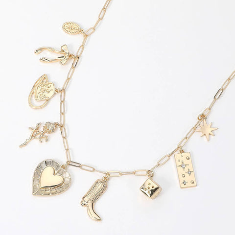 Western Charm Necklace with Bow, Cowboy Hat, Multi Charm, Girly Jewelry, Gift Idea for Her, Western Style