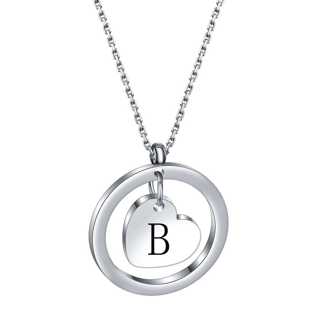 Initial Heart Charm In Ring Stainless Steel Necklace Initial Necklace B