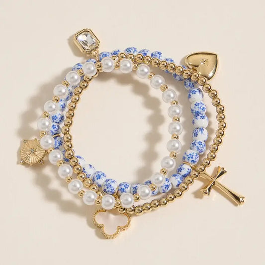 Floral Charm Stretch Bracelet Set