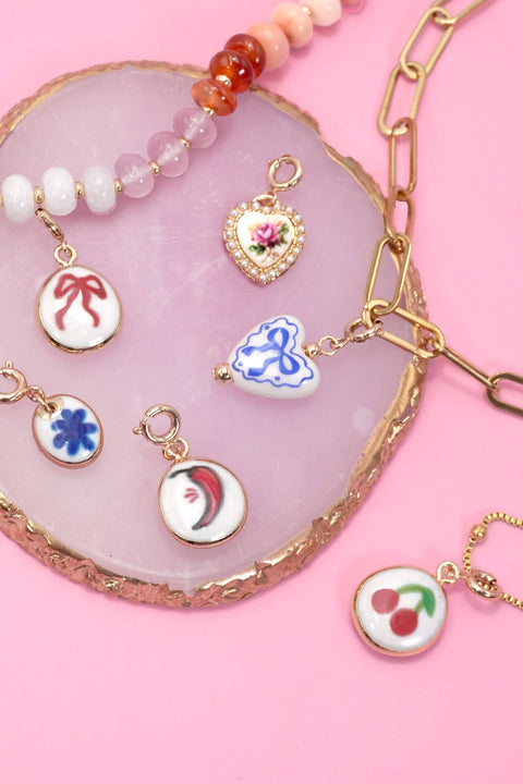 Porcelain Blue or Red bow & Cherry Charm, croquette preppy look, stylish accessory, gift for her