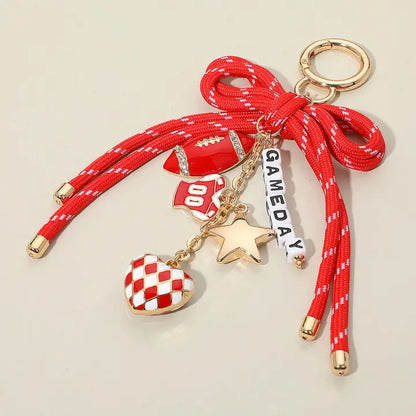 Football Charm Game Day Message Beaded Rope Bow Accent Keychain / Bag Charm Gold Red White