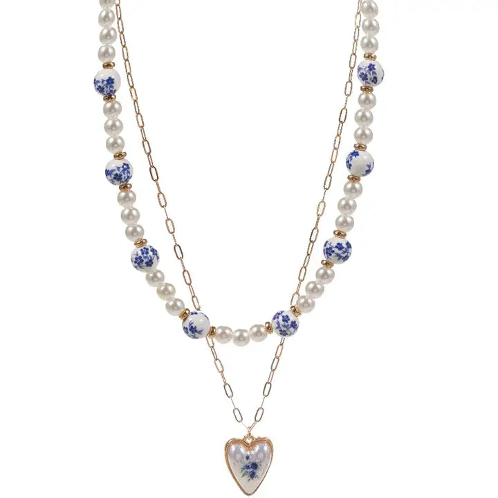 Pearl Ceramic Bead Flower Heart 2 Layered Necklace