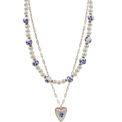 Pearl Ceramic Bead Flower Heart 2 Layered Necklace