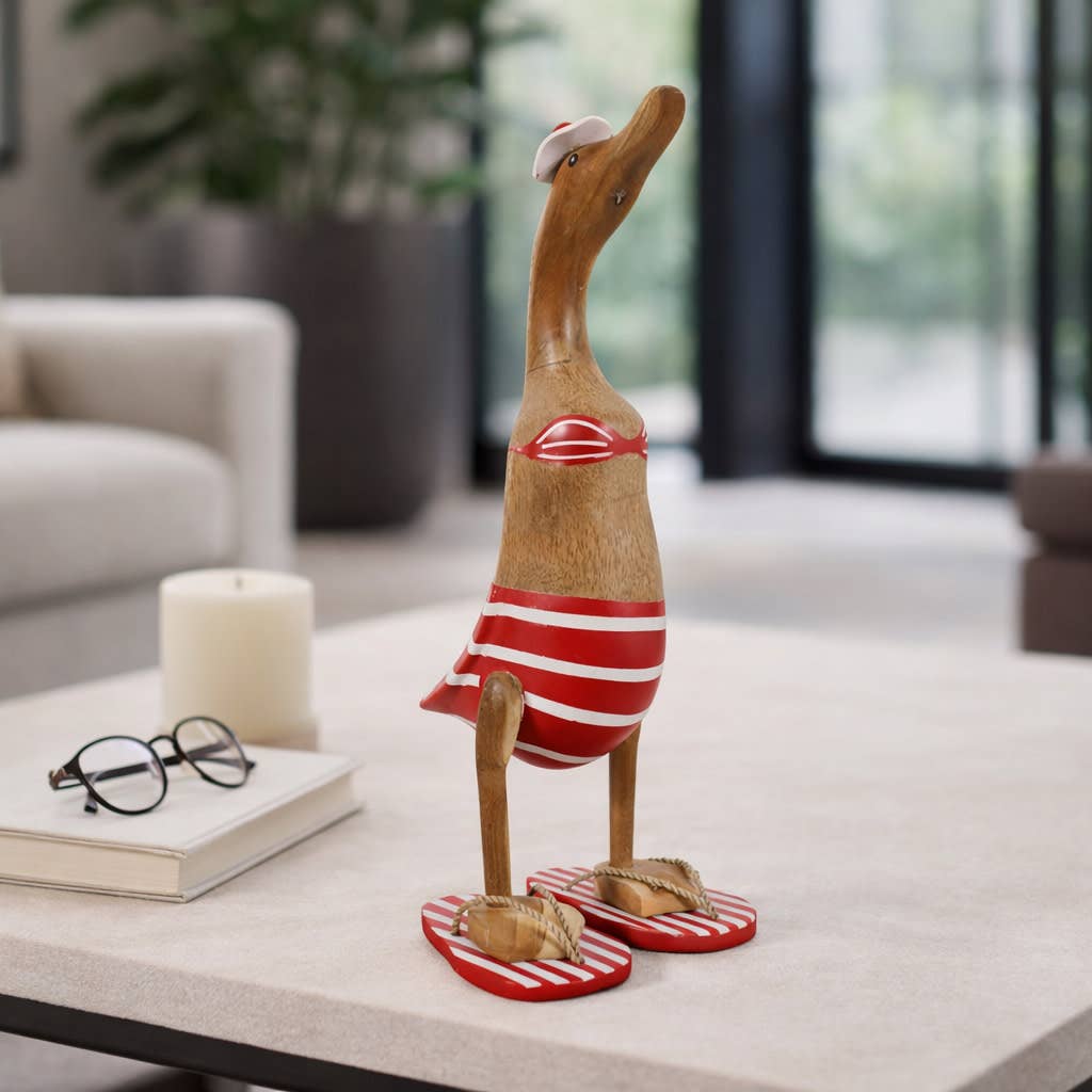 Decorative Figurine - Red & Brown Wood Bikini Duck, 16 in. - Nifty Decor & More