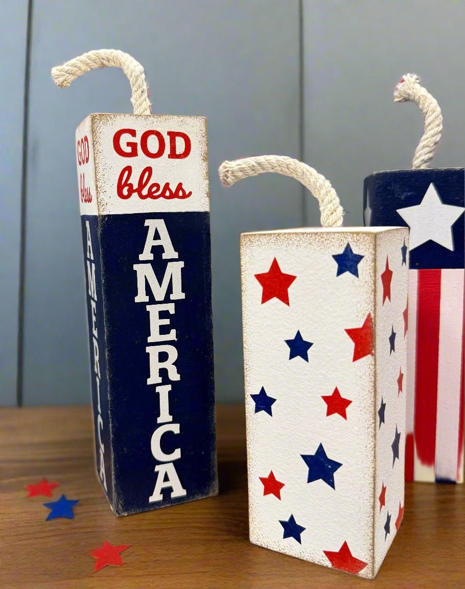 Decorative Firecracker Blocks - Set of 3 Rustic Home Décor, July 4th Decorations, Farmhouse Style, Festive Holiday Decor - CTW - Nifty Decor & More