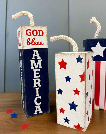 Decorative Firecracker Blocks - Set of 3 Rustic Home Décor, July 4th Decorations, Farmhouse Style, Festive Holiday Decor - CTW