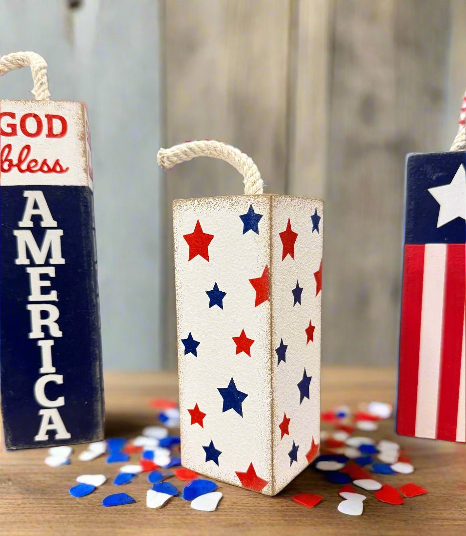 Decorative Firecracker Blocks - Set of 3 Rustic Home Décor, July 4th Decorations, Farmhouse Style, Festive Holiday Decor - CTW - Nifty Decor & More