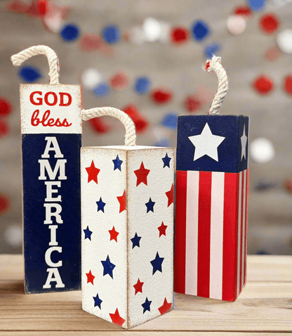 Decorative Firecracker Blocks - Set of 3 Rustic Home Décor, July 4th Decorations, Farmhouse Style, Festive Holiday Decor - CTW