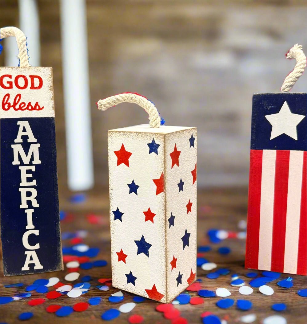 Decorative Firecracker Blocks - Set of 3 Rustic Home Décor, July 4th Decorations, Farmhouse Style, Festive Holiday Decor - CTW - Nifty Decor & More