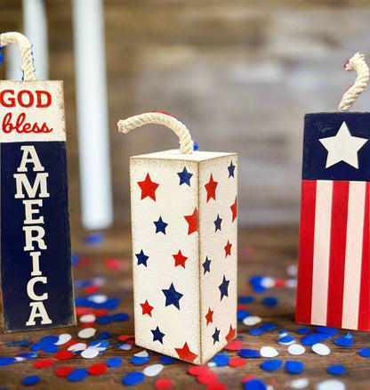 Decorative Firecracker Blocks - Set of 3 Rustic Home Décor, July 4th Decorations, Farmhouse Style, Festive Holiday Decor - CTW
