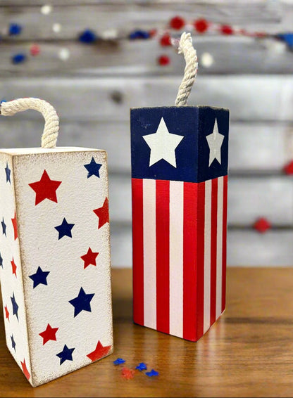 Decorative Firecracker Blocks - Set of 3 Rustic Home Décor, July 4th Decorations, Farmhouse Style, Festive Holiday Decor - CTW
