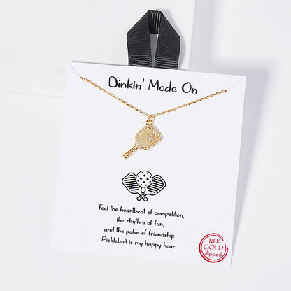 Dinkin' Mode On Pickleball Necklace White & 18K Gold Dipped CZ Charm, Stylish Sports Jewelry for Pickleball Fans, Unique Athletic Gift Pickleball necklace