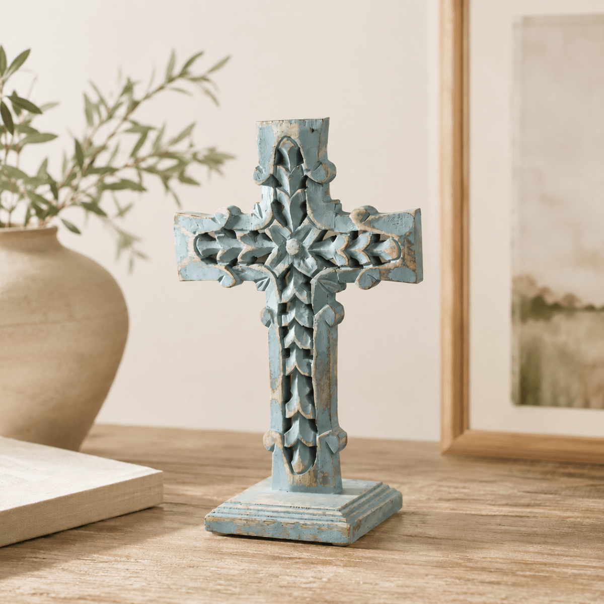Distressed Blue Wooden Cross Farmhouse Decor 13 Inch - Nifty Decor & More