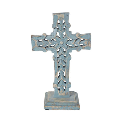 Distressed Blue Wooden Cross Farmhouse Decor 13 Inch - Nifty Decor & More