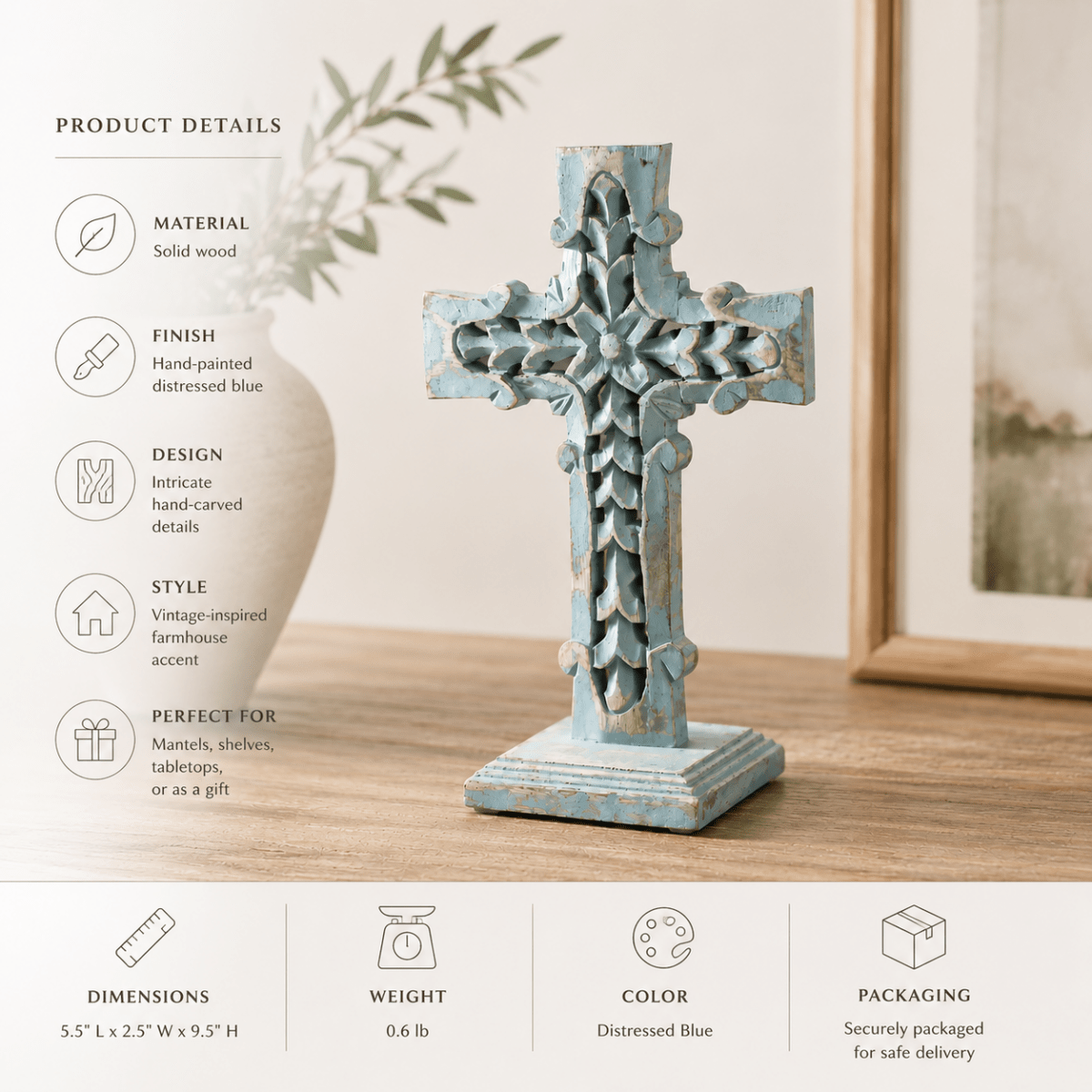 Distressed Blue Wooden Cross Farmhouse Decor 13 Inch - Nifty Decor & More