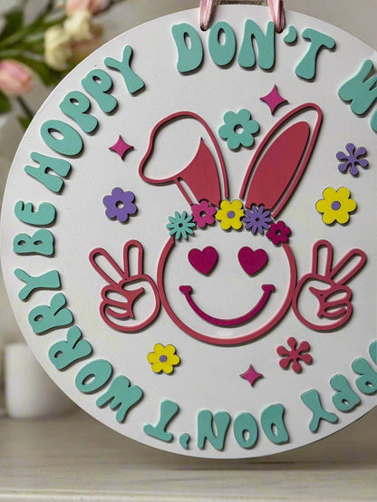 Don't Worry Be Hoppy Hanger | Spring & Easter Decor | Cute Bunny Wall Art | Seasonal Home Decoration - Nifty Decor & More