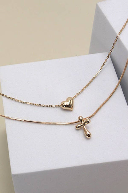 Heart Cross Chain Necklace Double Layer Layered Pendant